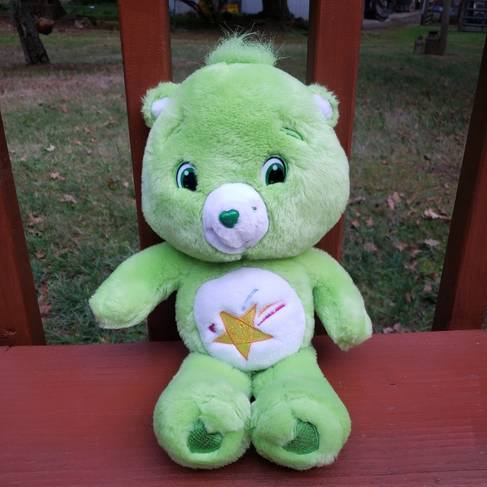 2007 Care-Bears 'Oopsy Bear' Green Stuffed Plush - Wish/Shooting Star Bear - 14"